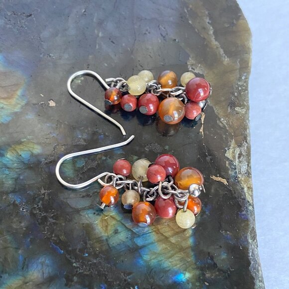 Sterling Silver 925 Beaded Red Jasper Multi-stone Dangle Drop Earrings - Picture 13 of 16